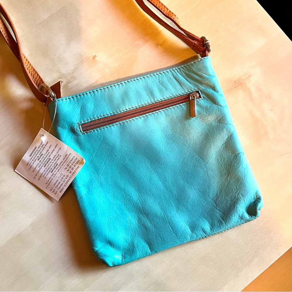 L' Artigiano Sorrentino Genuine Leather Crossbody Purse Teal & Tan NWT - Picture 5 of 8